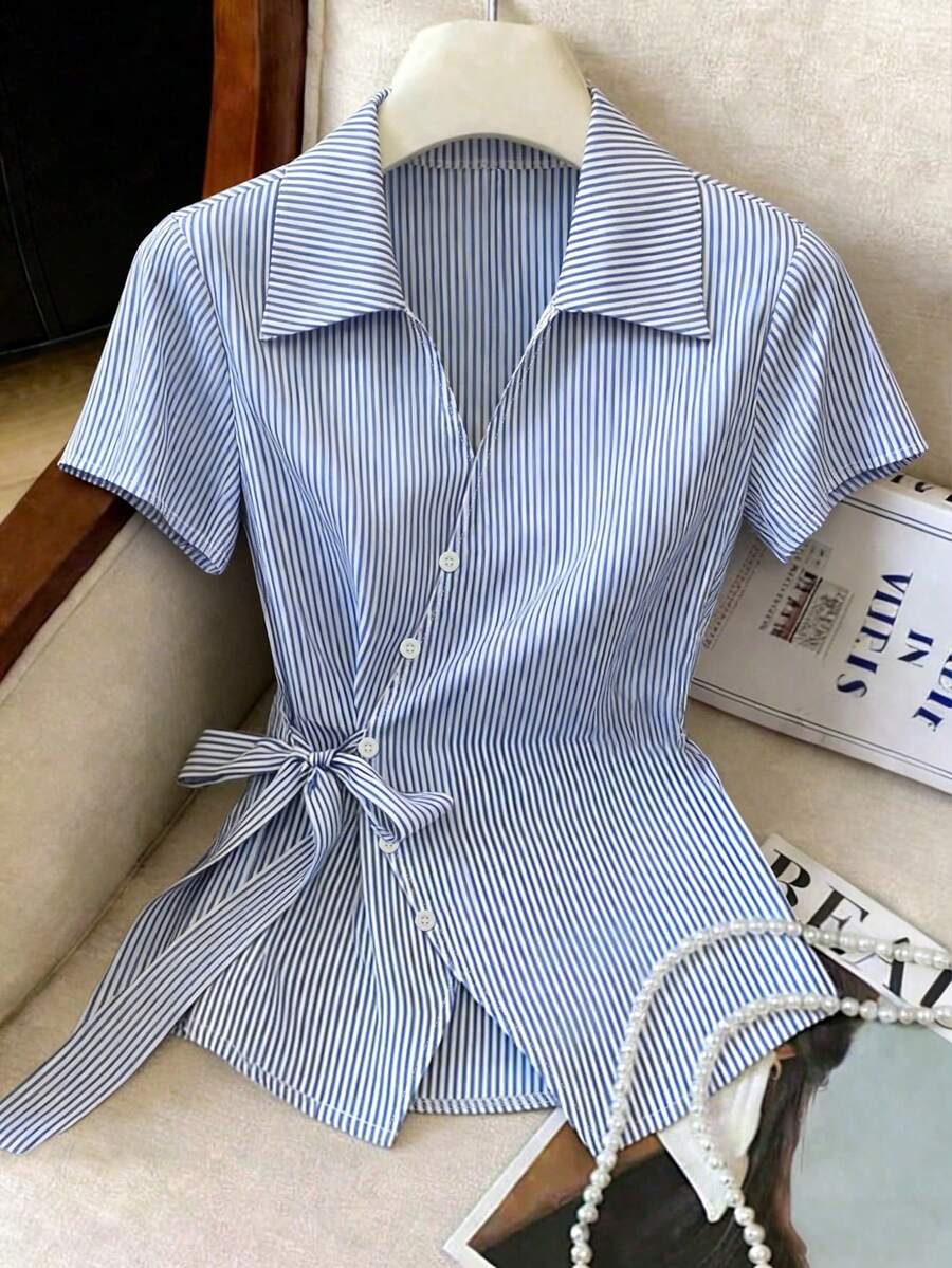 Franclia Elegant Blue And White Stripe Women Shirt