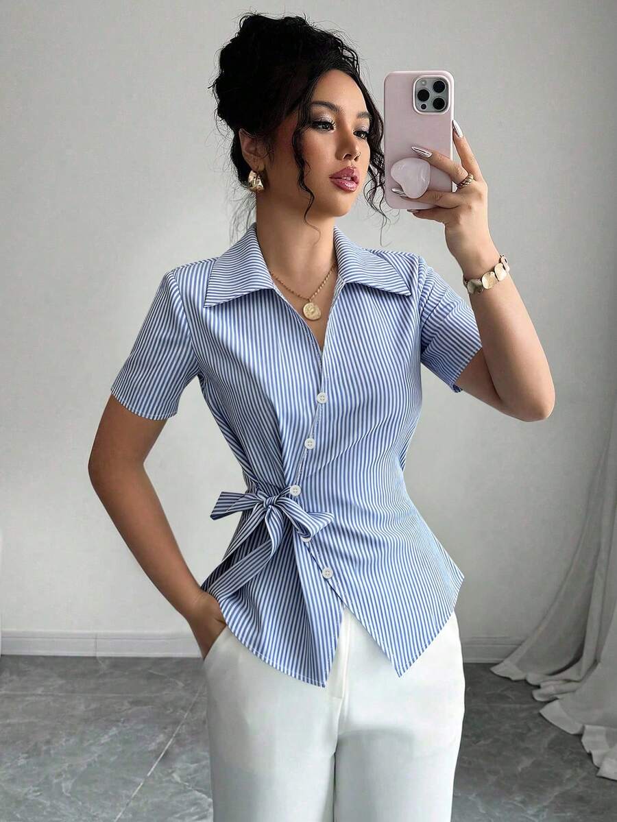Franclia Elegant Blue And White Stripe Women Shirt
