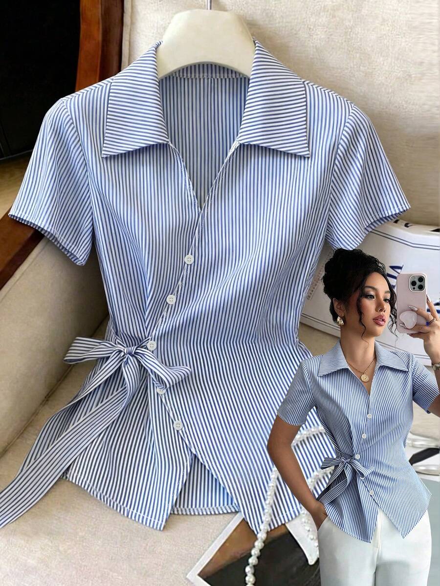 Franclia Elegant Blue And White Stripe Women Shirt