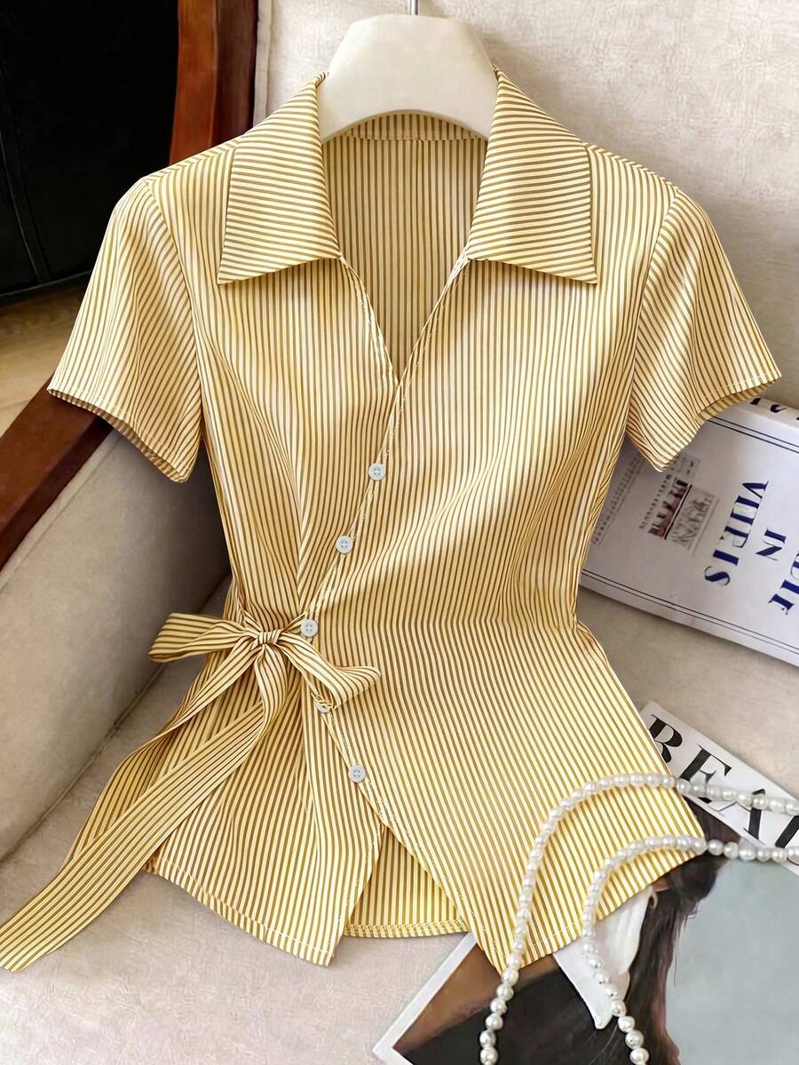 Franclia Elegant Blue And White Stripe Women Shirt