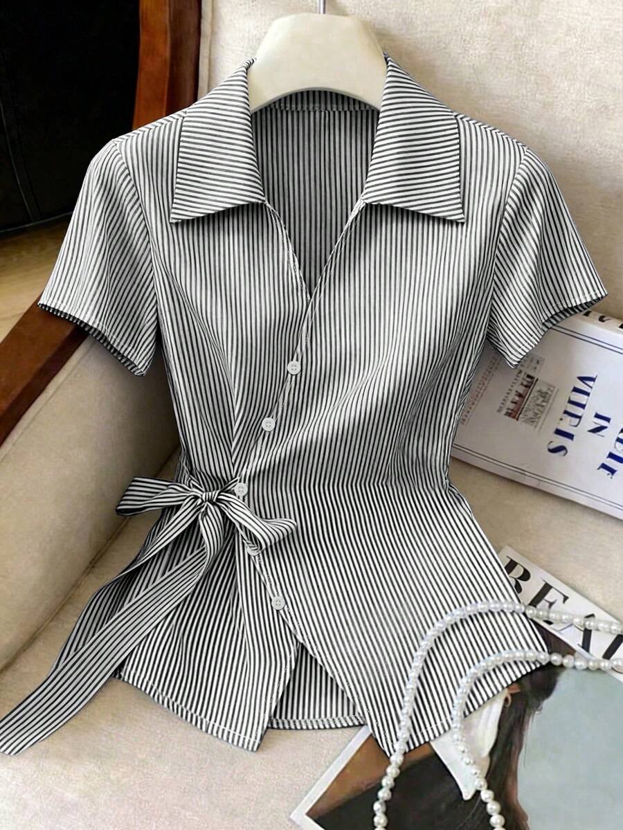 Franclia Elegant Blue And White Stripe Women Shirt