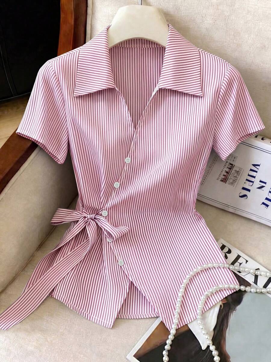 Franclia Elegant Blue And White Stripe Women Shirt