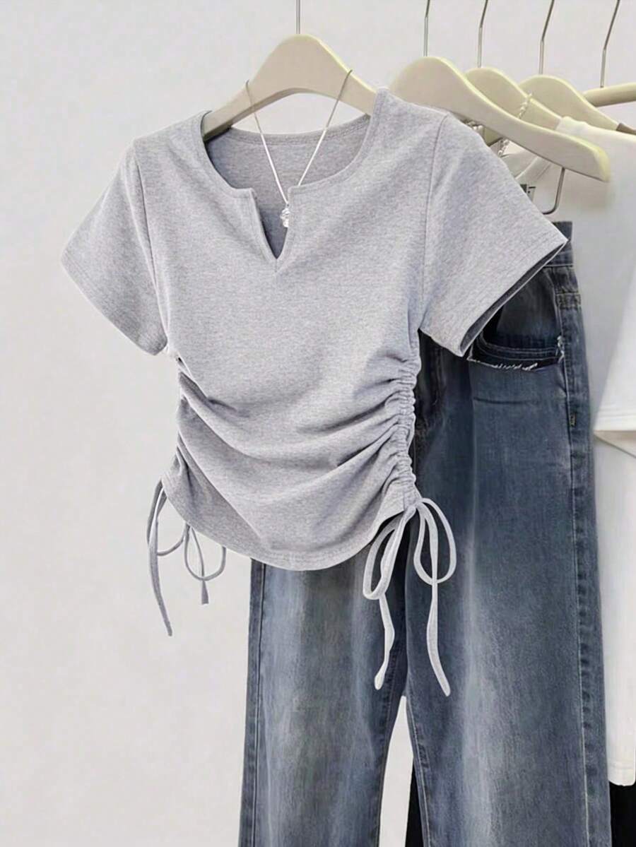 Women's Solid Color Pleated Casual Versatile Daily Wear Short Sleeve T-Shirt