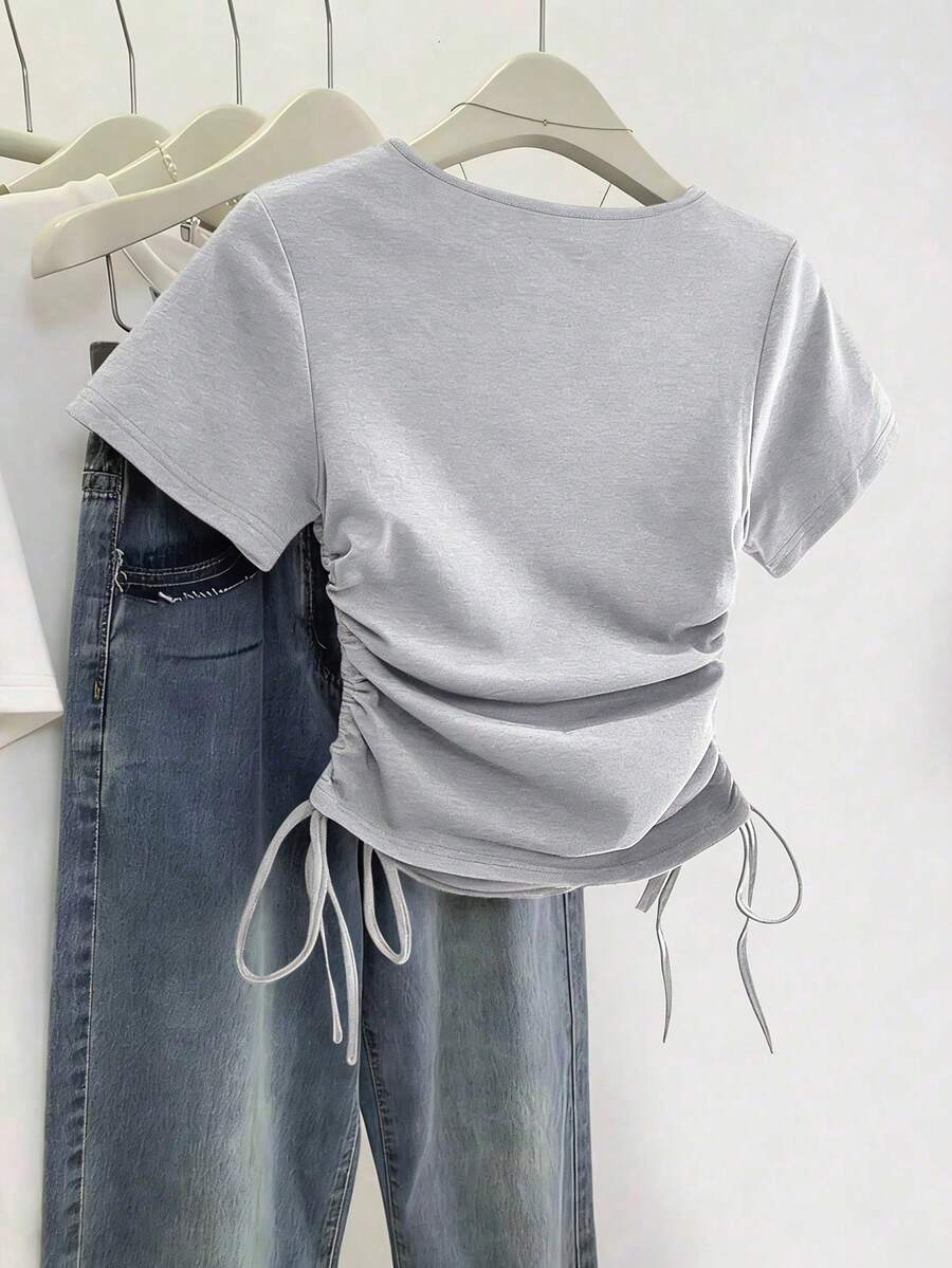 Women's Solid Color Pleated Casual Versatile Daily Wear Short Sleeve T-Shirt