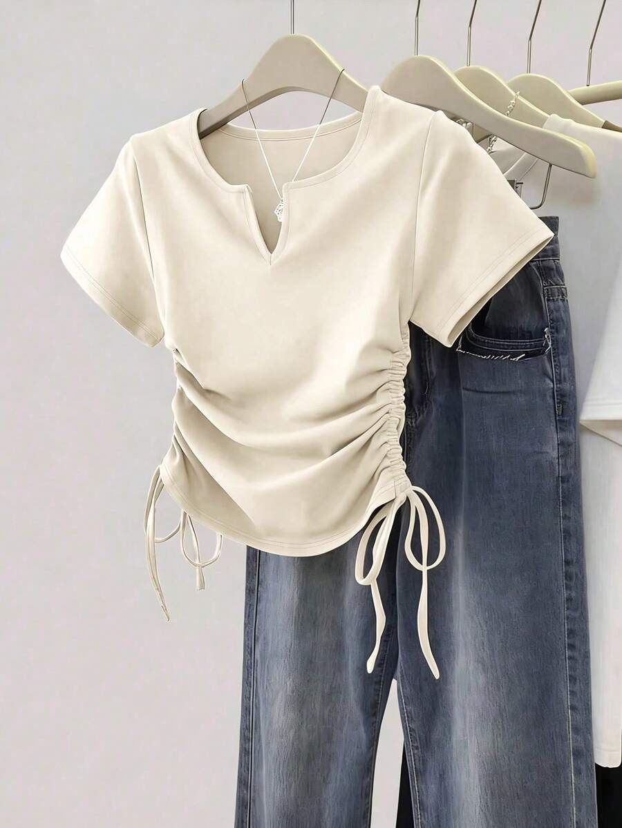Women's Solid Color Pleated Casual Versatile Daily Wear Short Sleeve T-Shirt