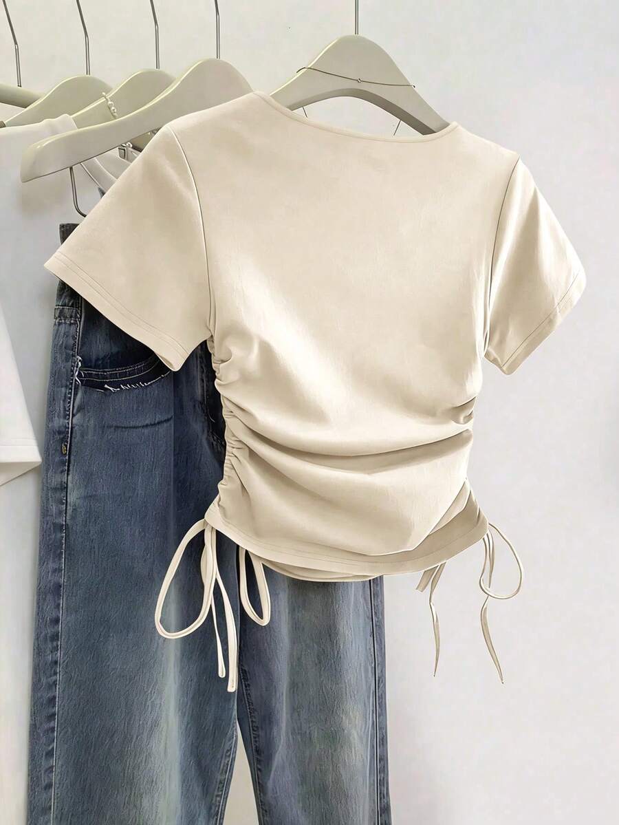 Women's Solid Color Pleated Casual Versatile Daily Wear Short Sleeve T-Shirt