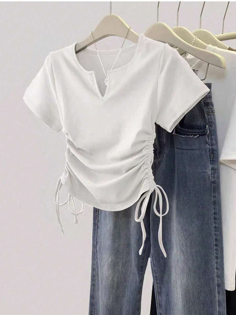 Women's Solid Color Pleated Casual Versatile Daily Wear Short Sleeve T-Shirt