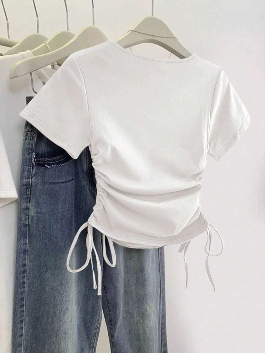 Women's Solid Color Pleated Casual Versatile Daily Wear Short Sleeve T-Shirt