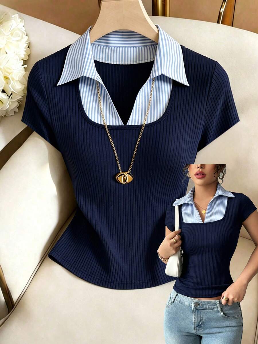 Elenzga Women's Striped Patchwork Collared Cap Sleeve Casual T-Shirt