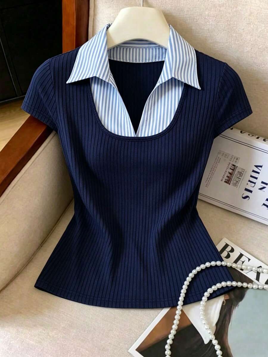 Elenzga Women's Striped Patchwork Collared Cap Sleeve Casual T-Shirt