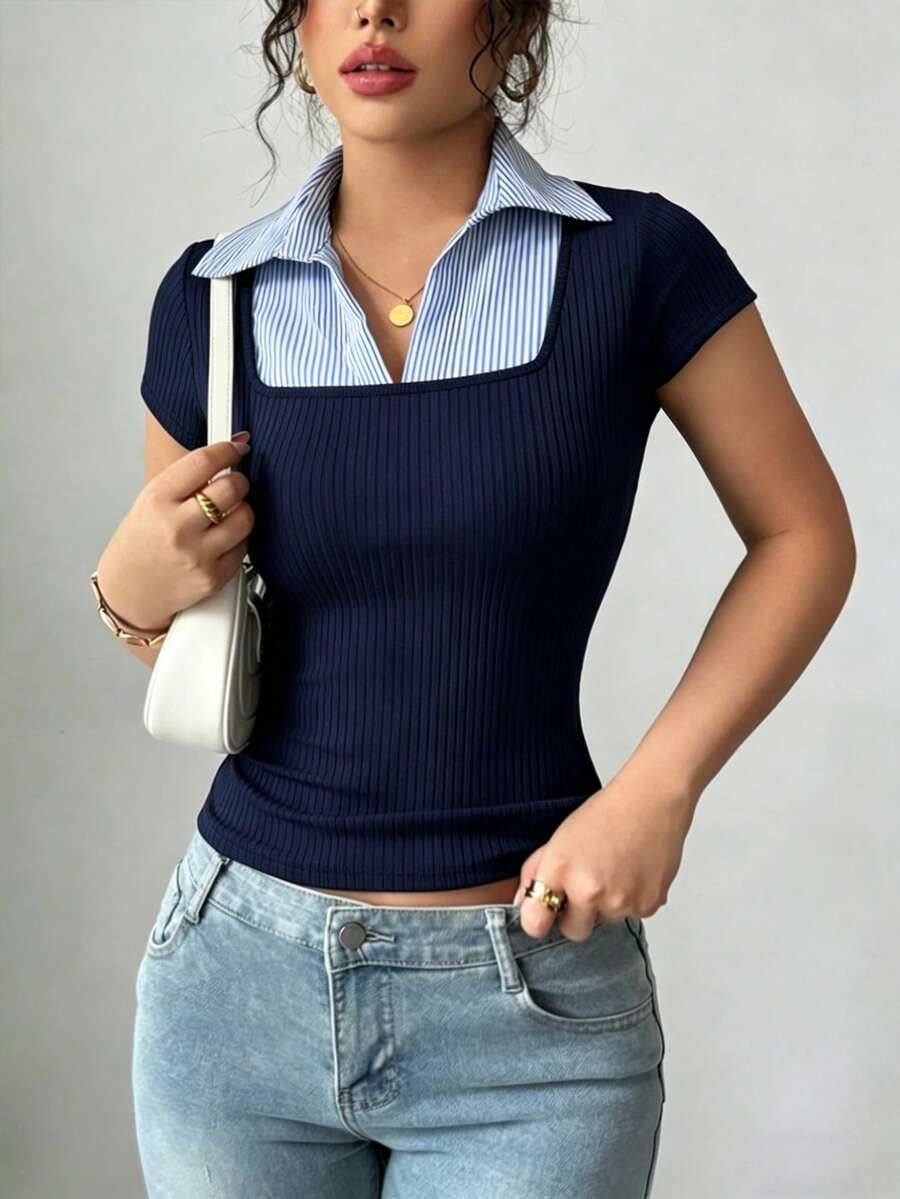 Elenzga Women's Striped Patchwork Collared Cap Sleeve Casual T-Shirt