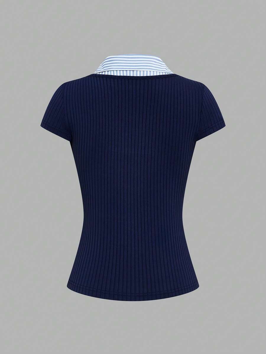 Elenzga Women's Striped Patchwork Collared Cap Sleeve Casual T-Shirt