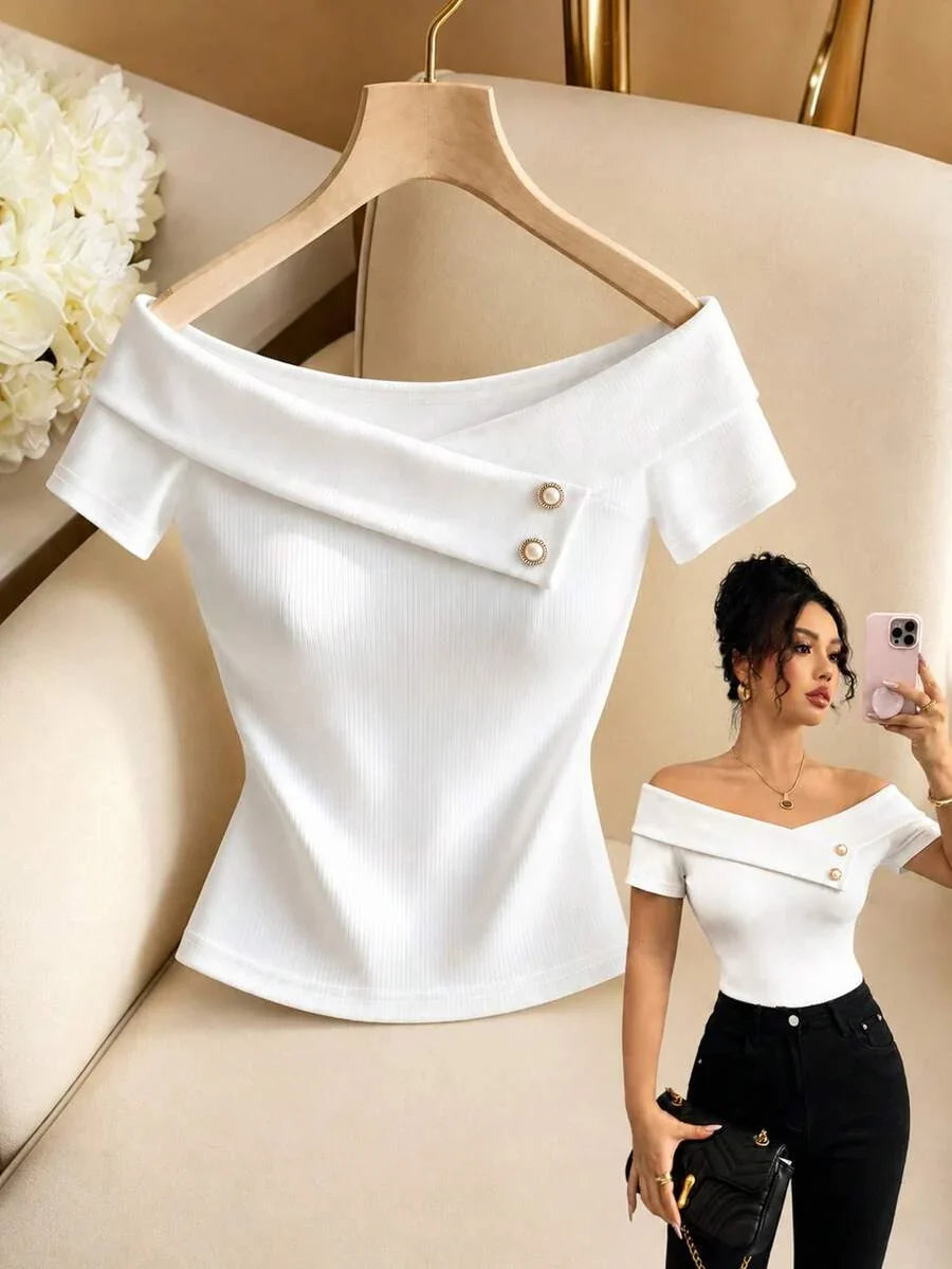 Elenzga Off-White Short Sleeve Top, Metal Buckle Decor Slim Fit Cropped T-Shirt