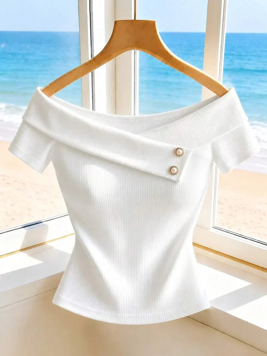 Elenzga Off-White Short Sleeve Top, Metal Buckle Decor Slim Fit Cropped T-Shirt
