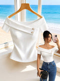 Elenzga Off-White Short Sleeve Top, Metal Buckle Decor Slim Fit Cropped T-Shirt