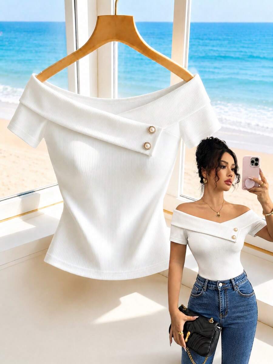 Elenzga Off-White Short Sleeve Top, Metal Buckle Decor Slim Fit Cropped T-Shirt