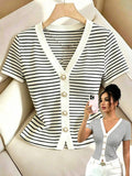 V-Neck Ribbed Short Sleeve Faux Placket Design Elegant Fitted Casual T-Shirt For Women