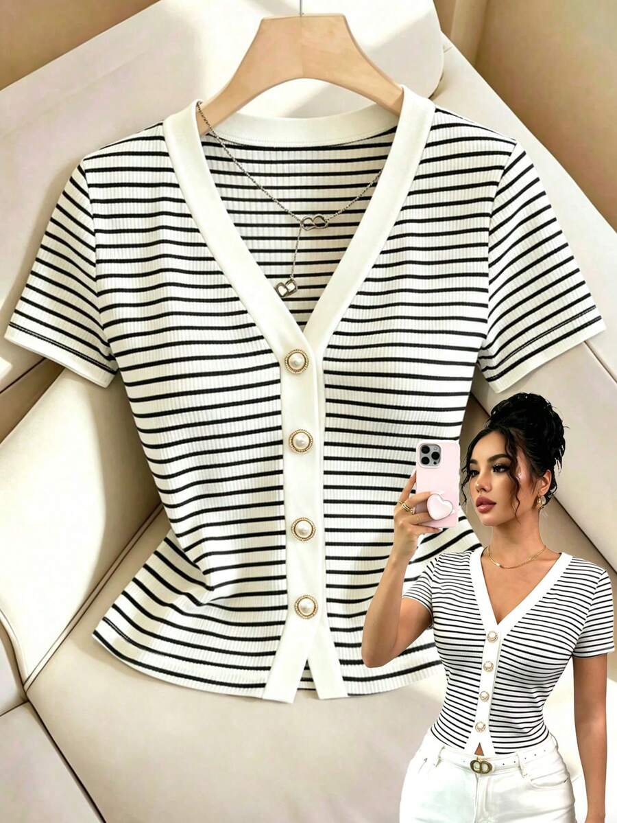 V-Neck Ribbed Short Sleeve Faux Placket Design Elegant Fitted Casual T-Shirt For Women