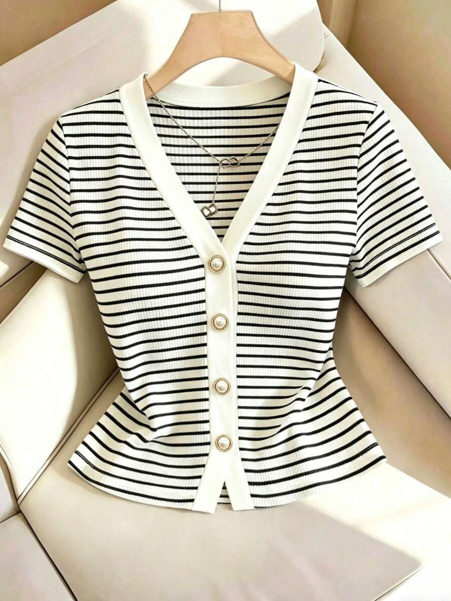 V-Neck Ribbed Short Sleeve Faux Placket Design Elegant Fitted Casual T-Shirt For Women
