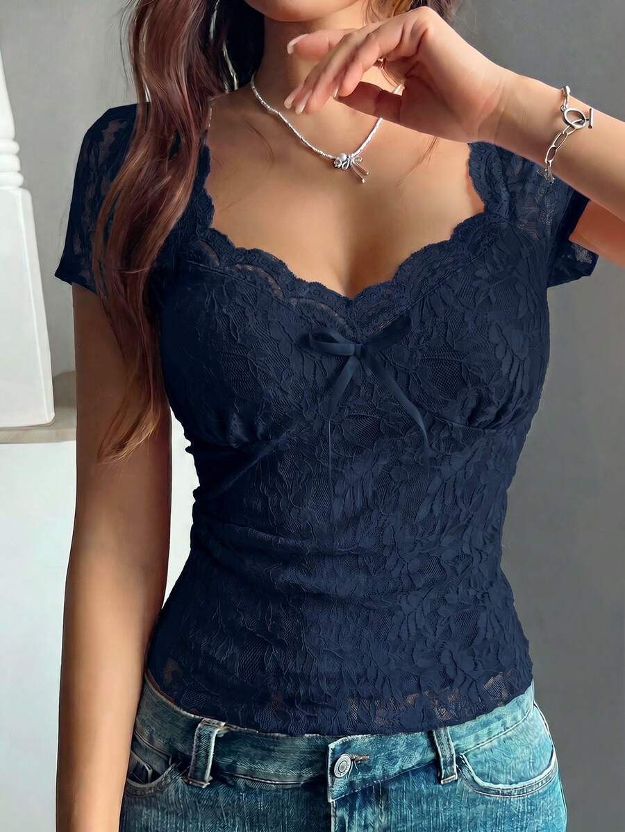 Women's French Lace Bowknot Top