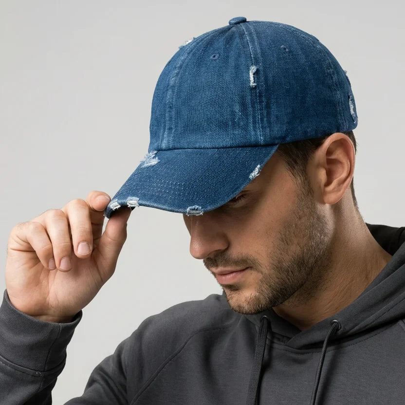 Distressed Denim Baseball Cap — Vintage Blue