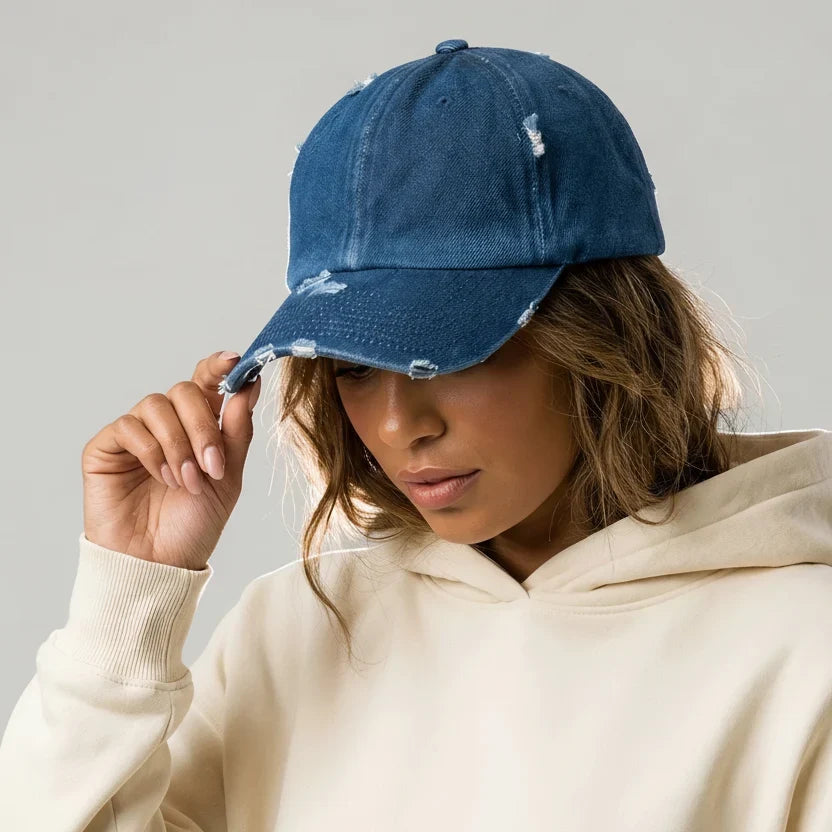 Distressed Denim Baseball Cap — Vintage Blue