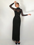 1pc Black Mesh Floral 3D Applique Long Sleeve Bodycon Dress For Women