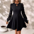 2024 new elegant women's black crew neck lace splicing long-sleeved slim-fitting horn hem jumpsuit