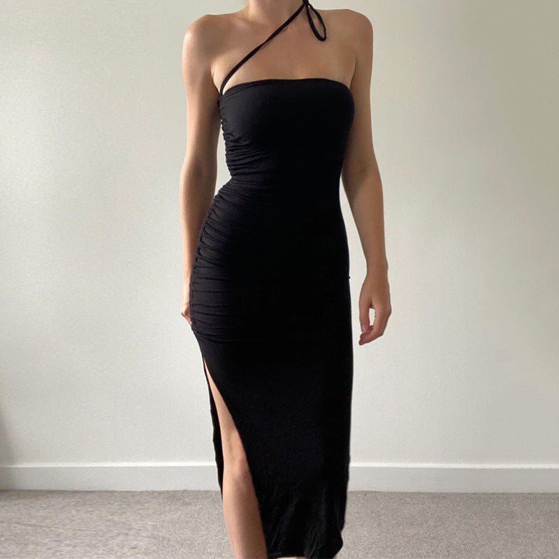 The Sultry Slit | Solid Color One-Shoulder Backless Midi Dress