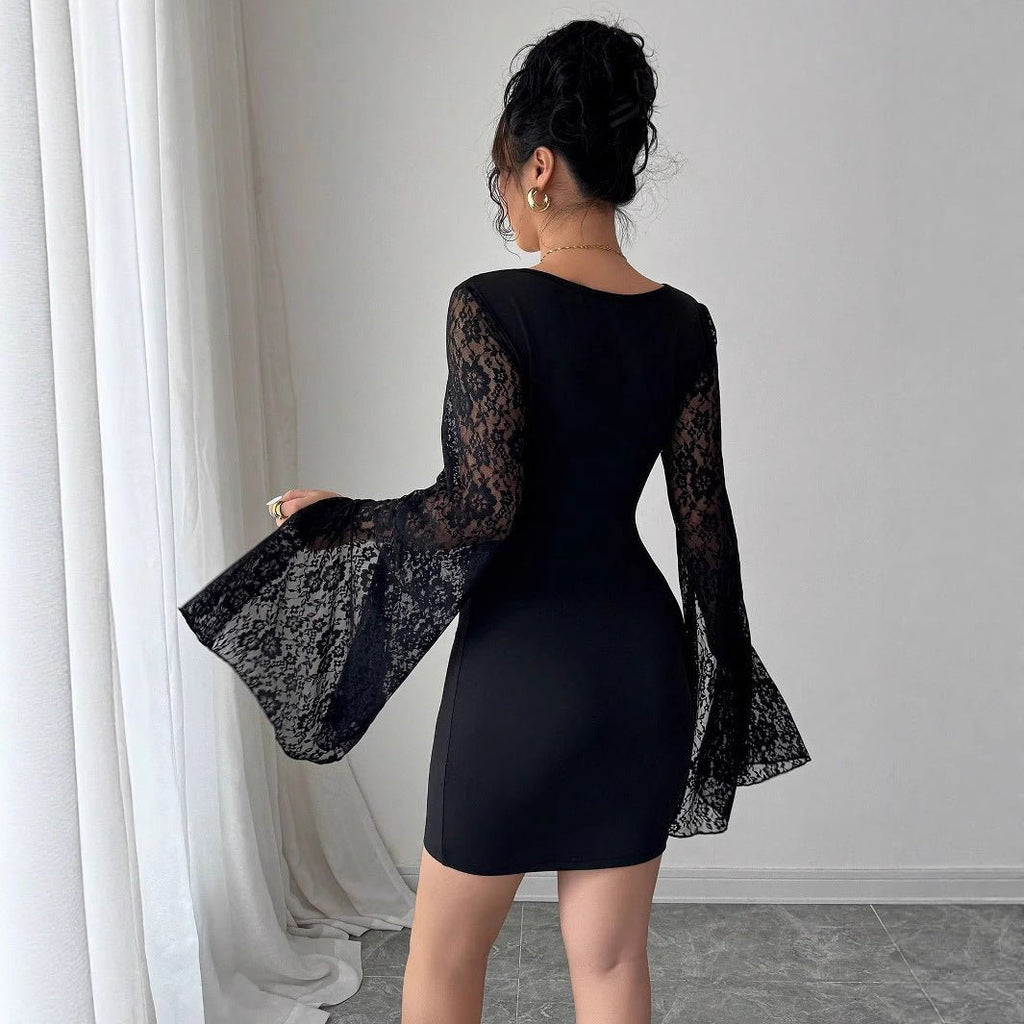 The Noir Hipster | Women's Lace Splicing Horn Sleeve Hip-Wrap Mini Dress