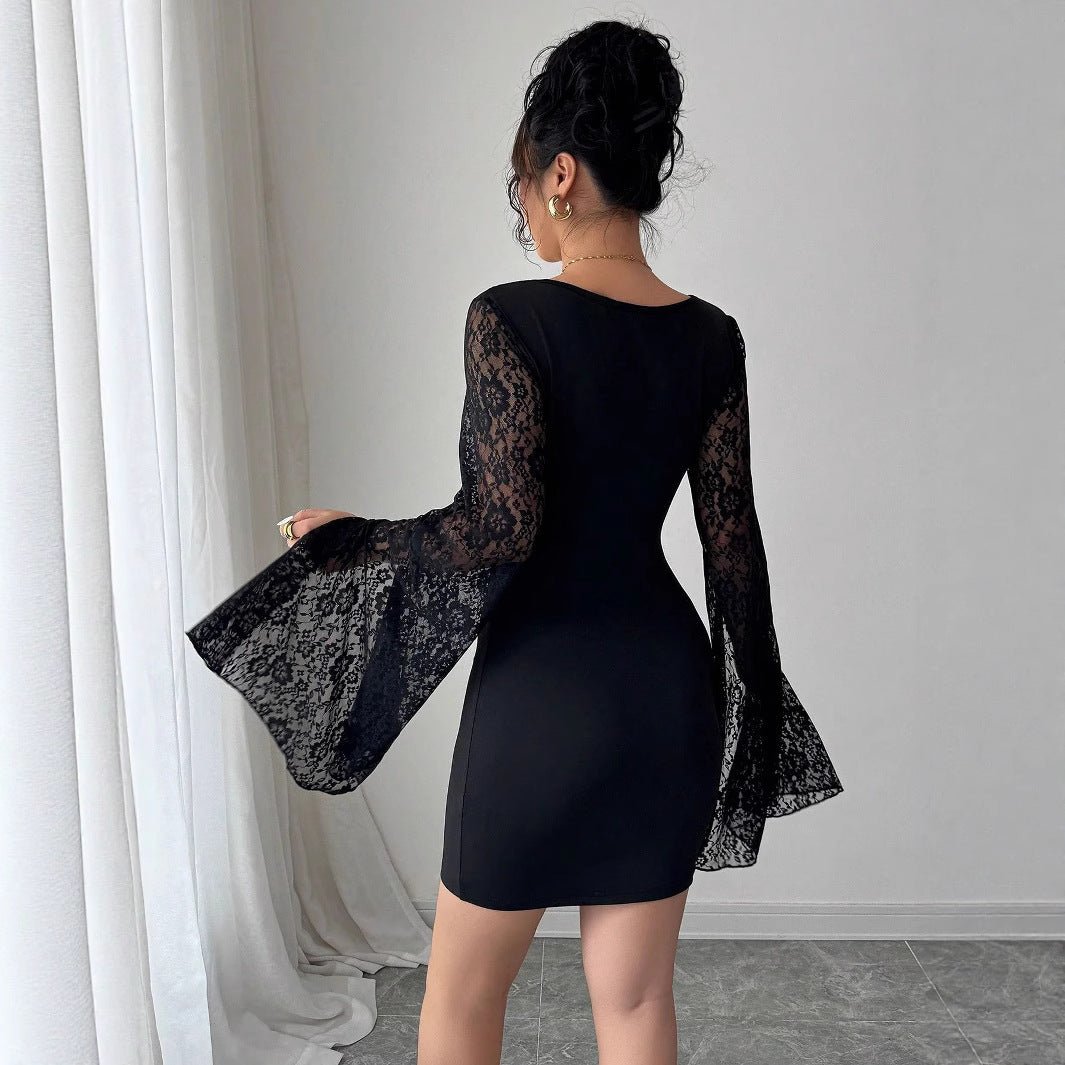 The Noir Hipster | Women's Lace Splicing Horn Sleeve Hip-Wrap Mini Dress
