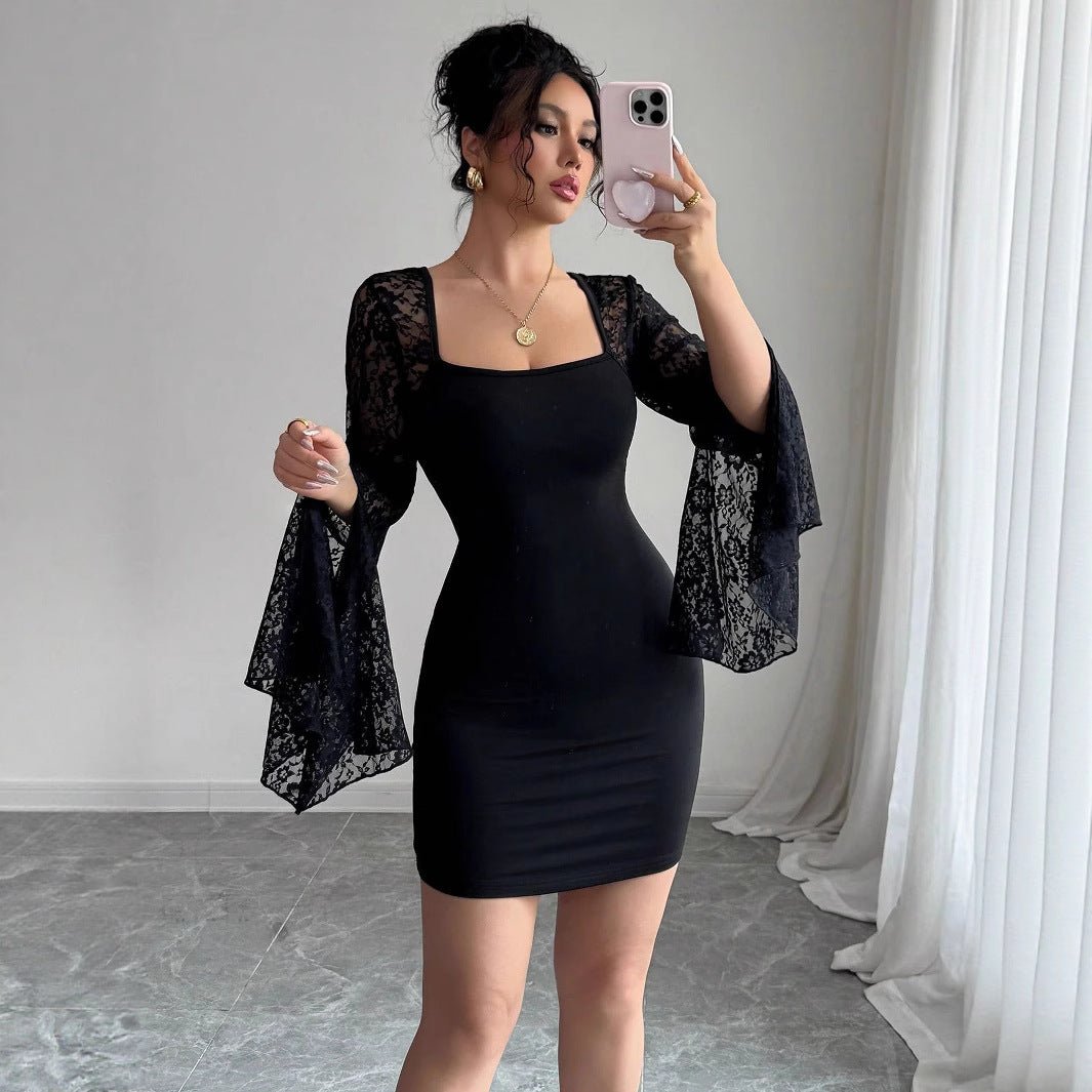 The Noir Hipster | Women's Lace Splicing Horn Sleeve Hip-Wrap Mini Dress