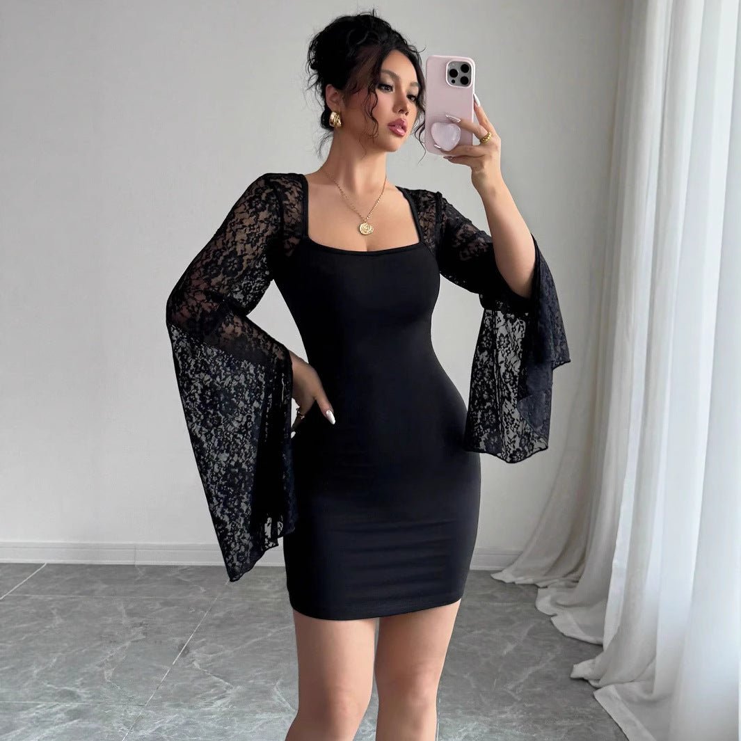 The Noir Hipster | Women's Lace Splicing Horn Sleeve Hip-Wrap Mini Dress