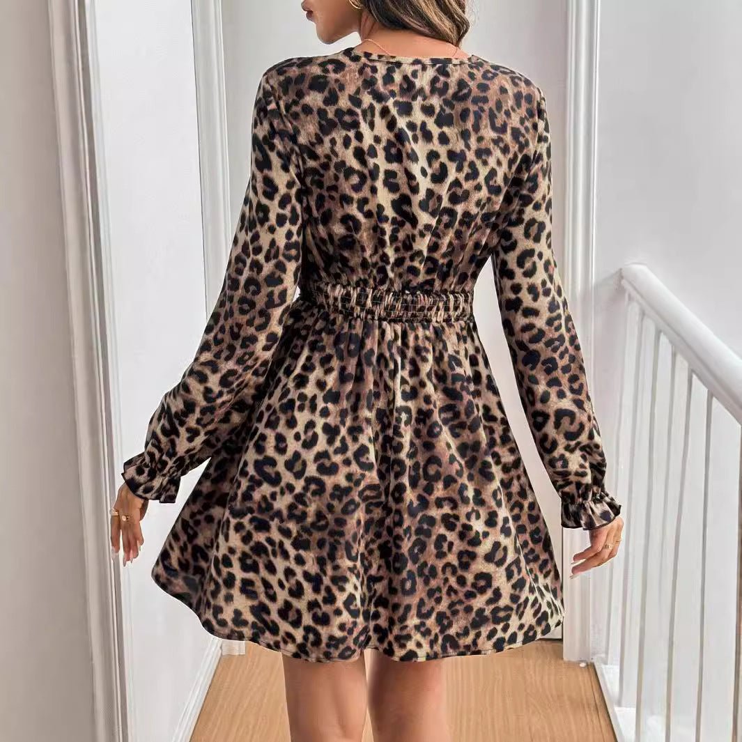 The Midnight Leopard | Women's Lace Patchwork Leopard Print V-Neck Midi Dress