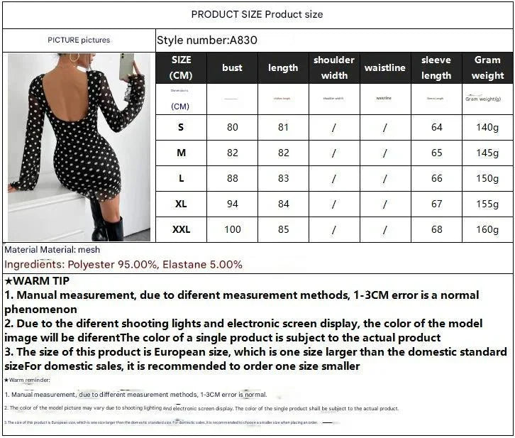 2025 new elegant women's mesh polka dot printing round neck backless long-sleeved dress