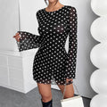 2025 new elegant women's mesh polka dot printing round neck backless long-sleeved dress
