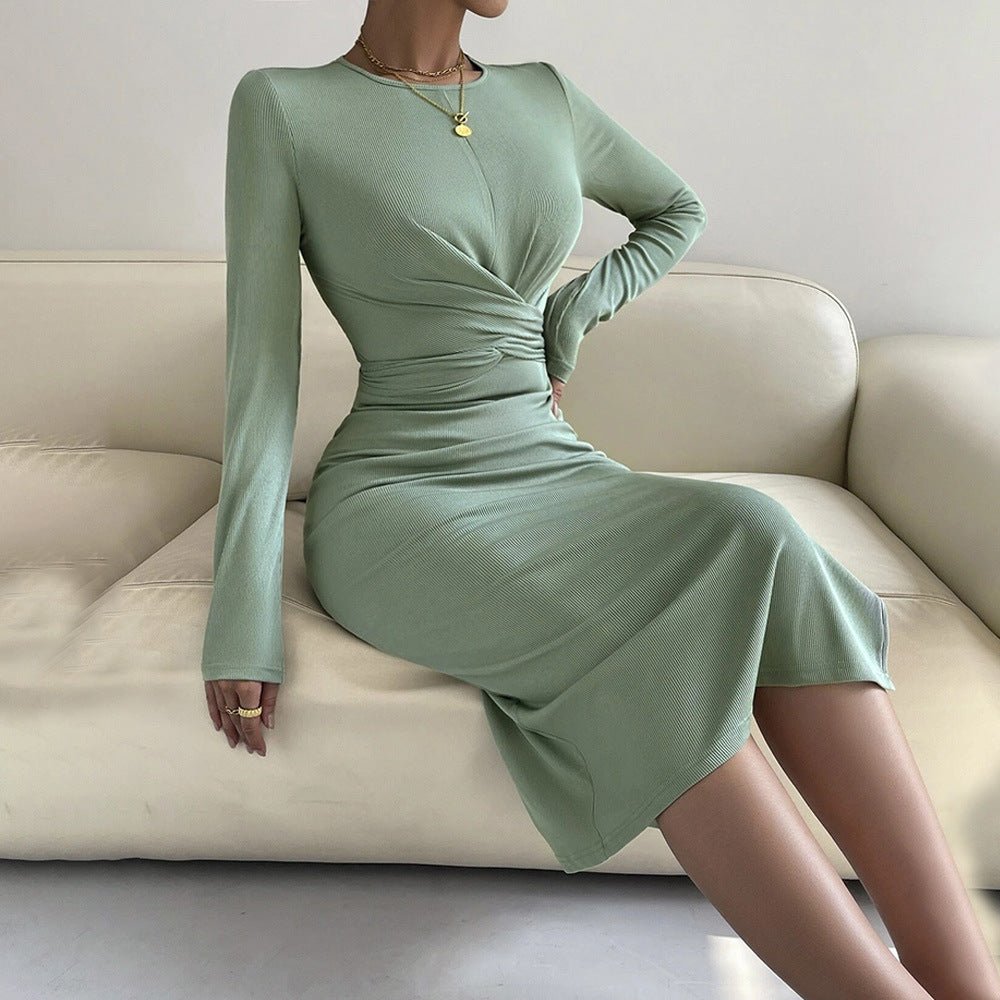 The Sleek Grace | Solid Color Long-Sleeve Bodycon Midi Dress