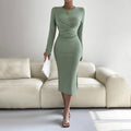 The Sleek Grace | Solid Color Long-Sleeve Bodycon Midi Dress