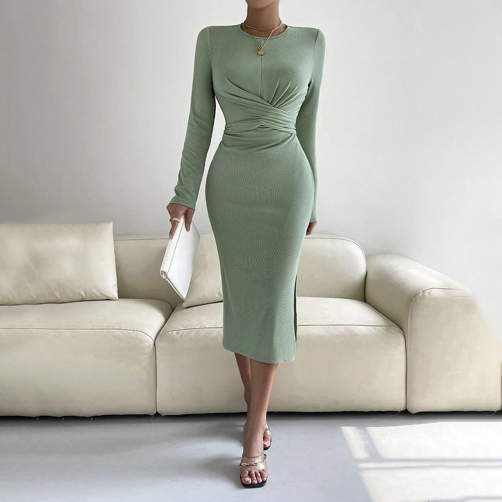 The Sleek Grace | Solid Color Long-Sleeve Bodycon Midi Dress