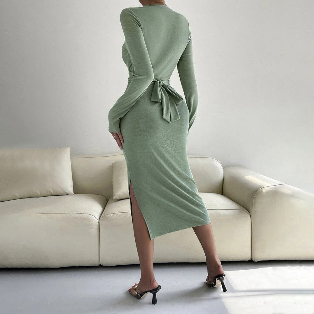 The Sleek Grace | Solid Color Long-Sleeve Bodycon Midi Dress