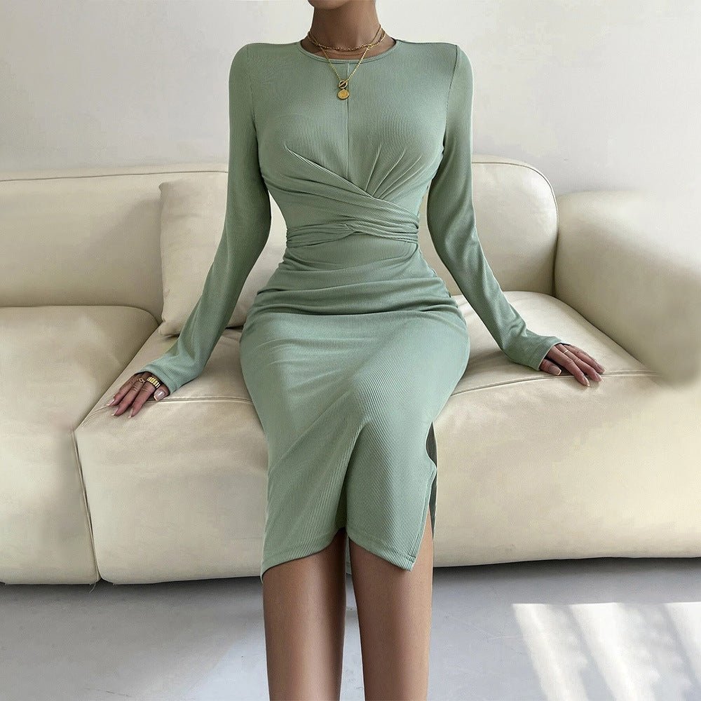 The Sleek Grace | Solid Color Long-Sleeve Bodycon Midi Dress