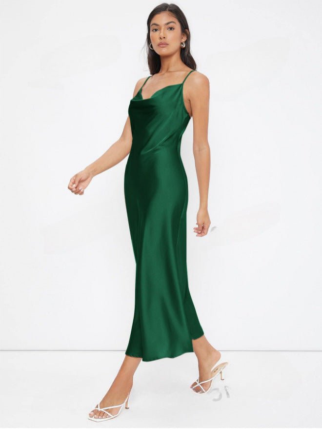 The Satin Allure | Women's Deep V-Neck Backless Satin Suspender Maxi Dress