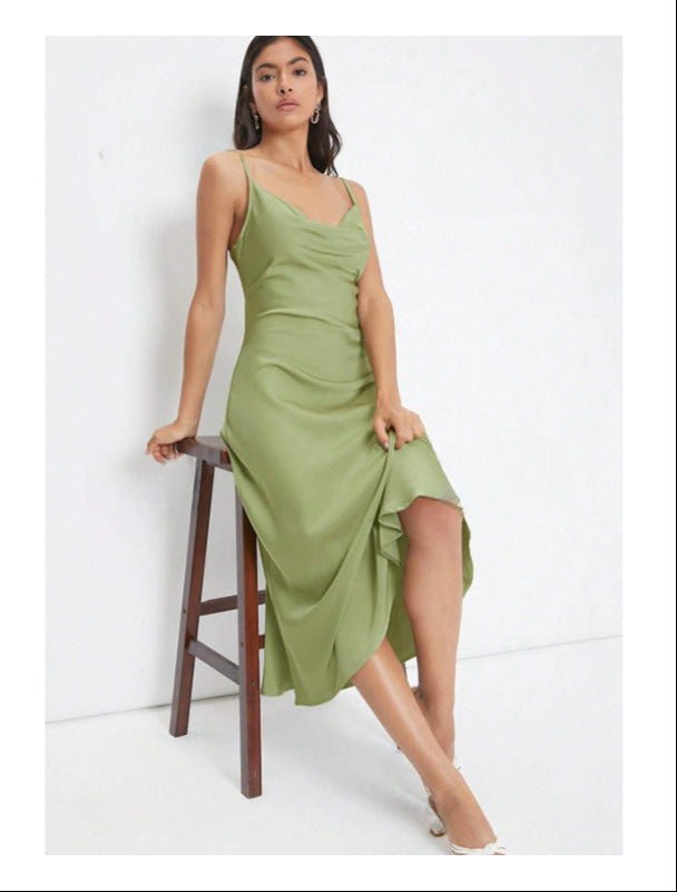 The Satin Allure | Women's Deep V-Neck Backless Satin Suspender Maxi Dress