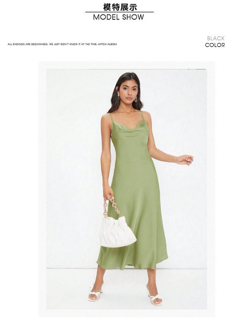 The Satin Allure | Women's Deep V-Neck Backless Satin Suspender Maxi Dress