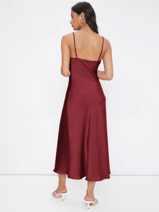 The Satin Allure | Women's Deep V-Neck Backless Satin Suspender Maxi Dress