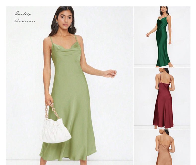 The Satin Allure | Women's Deep V-Neck Backless Satin Suspender Maxi Dress