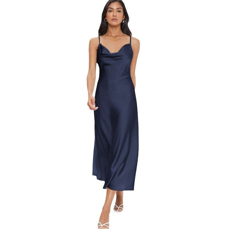 The Satin Allure | Women's Deep V-Neck Backless Satin Suspender Maxi Dress