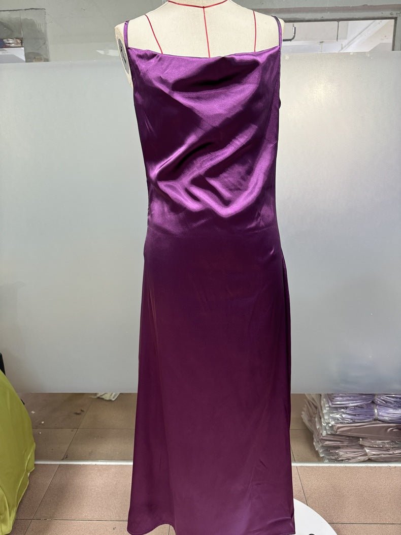 The Satin Allure | Women's Deep V-Neck Backless Satin Suspender Maxi Dress