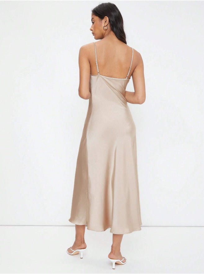 The Satin Allure | Women's Deep V-Neck Backless Satin Suspender Maxi Dress