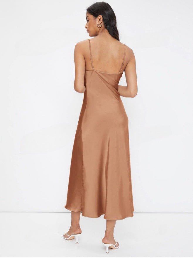 The Satin Allure | Women's Deep V-Neck Backless Satin Suspender Maxi Dress